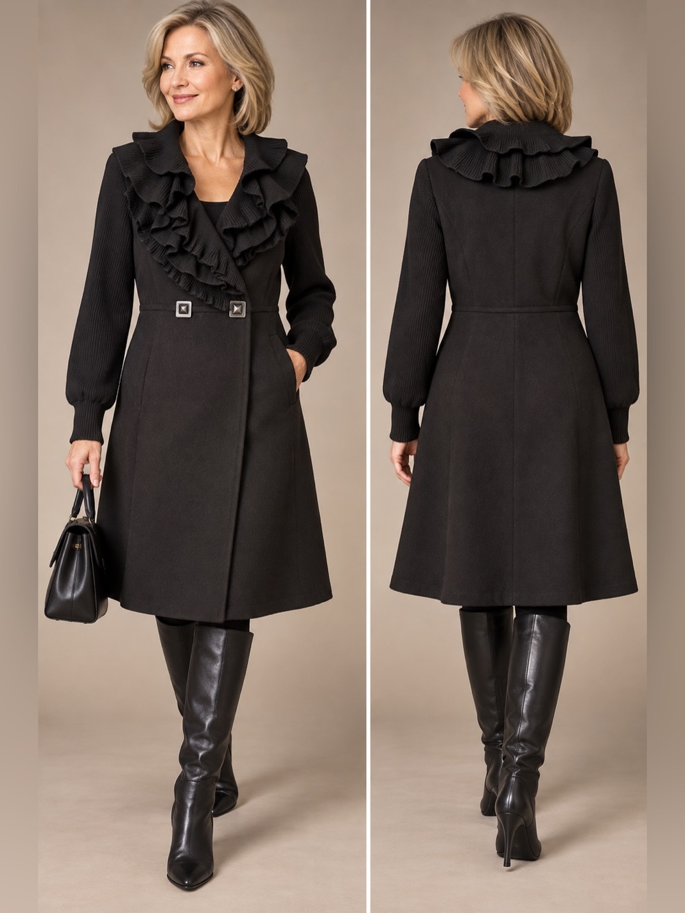 MARY C. Made in Italy Black Ruffle Coat – Size Small